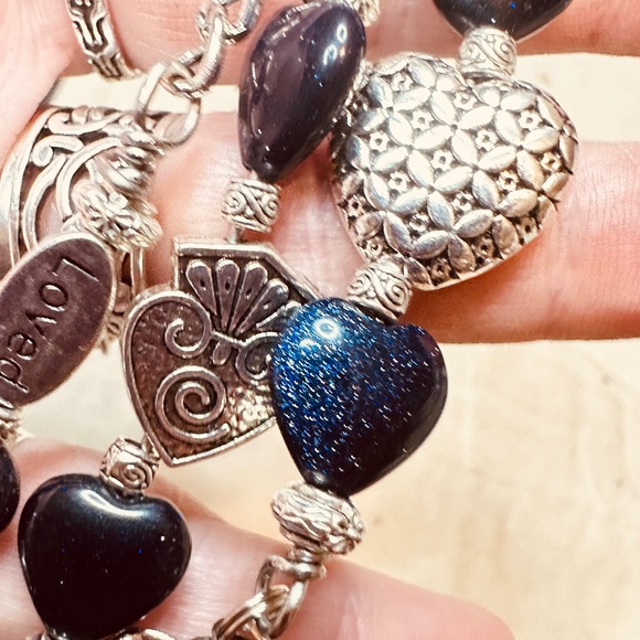 Silver Heart Keychain Bag Charm Glittery Blue Goldstone Hearts & 5 Silver Hearts - Picture 9 of 16